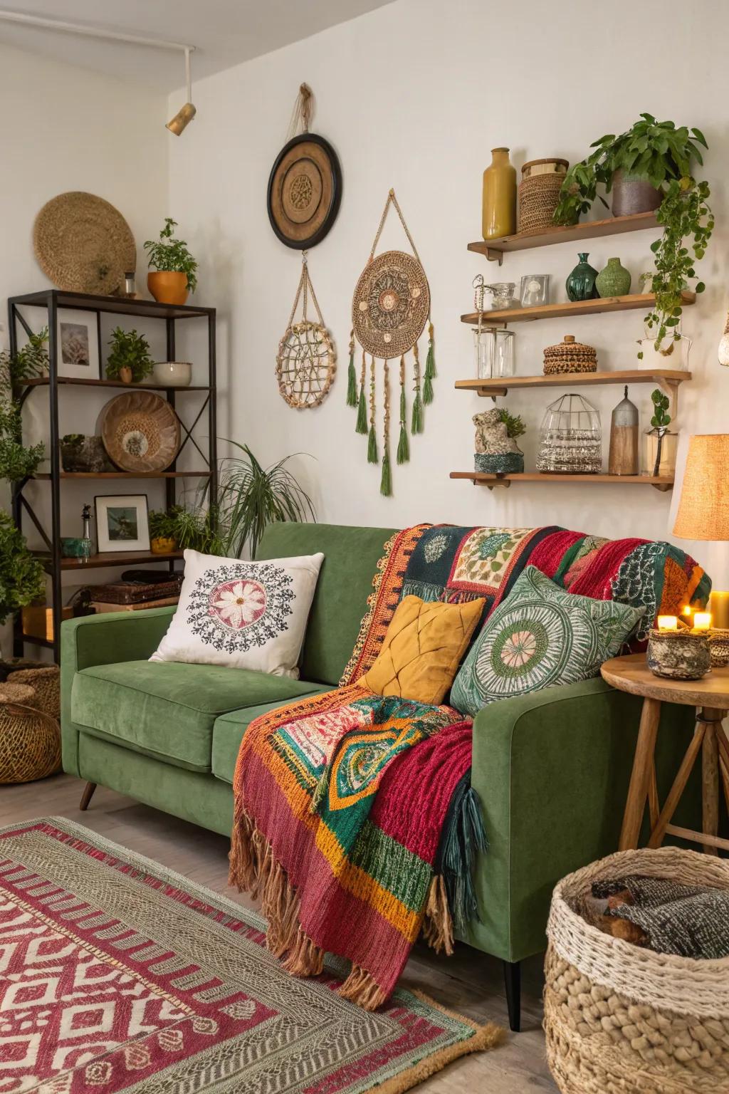 Bohemian accents contribute a relaxed and artistic environment to a lounge.