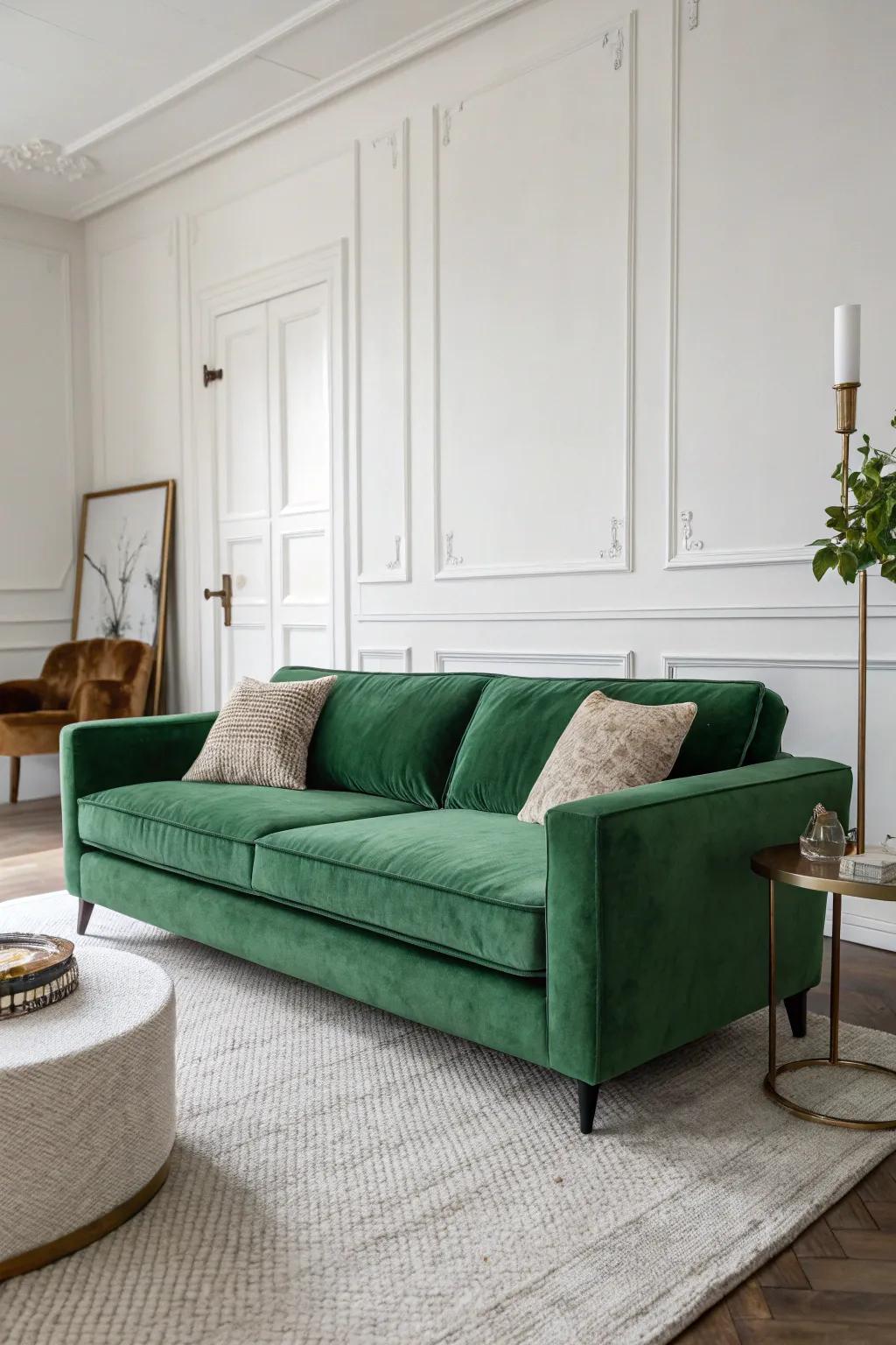 A streamlined family room with a verdant plush settee as the focal point.