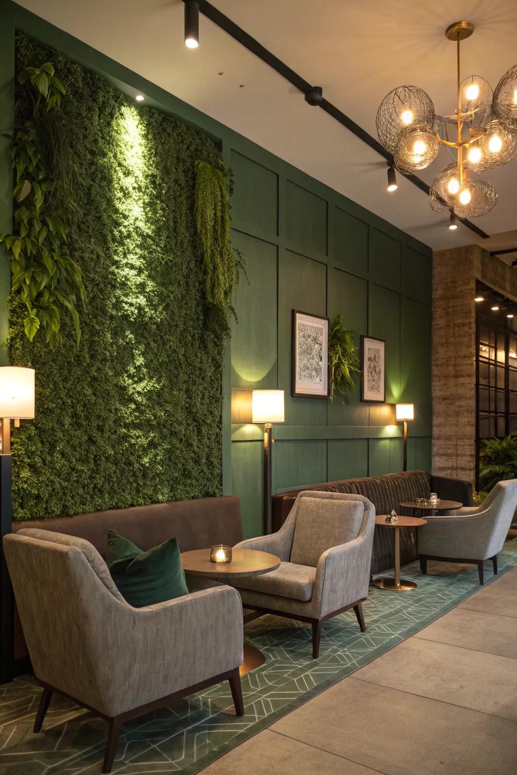 A lounge space where comfort harmonizes with nature, featuring a captivating wall garden.