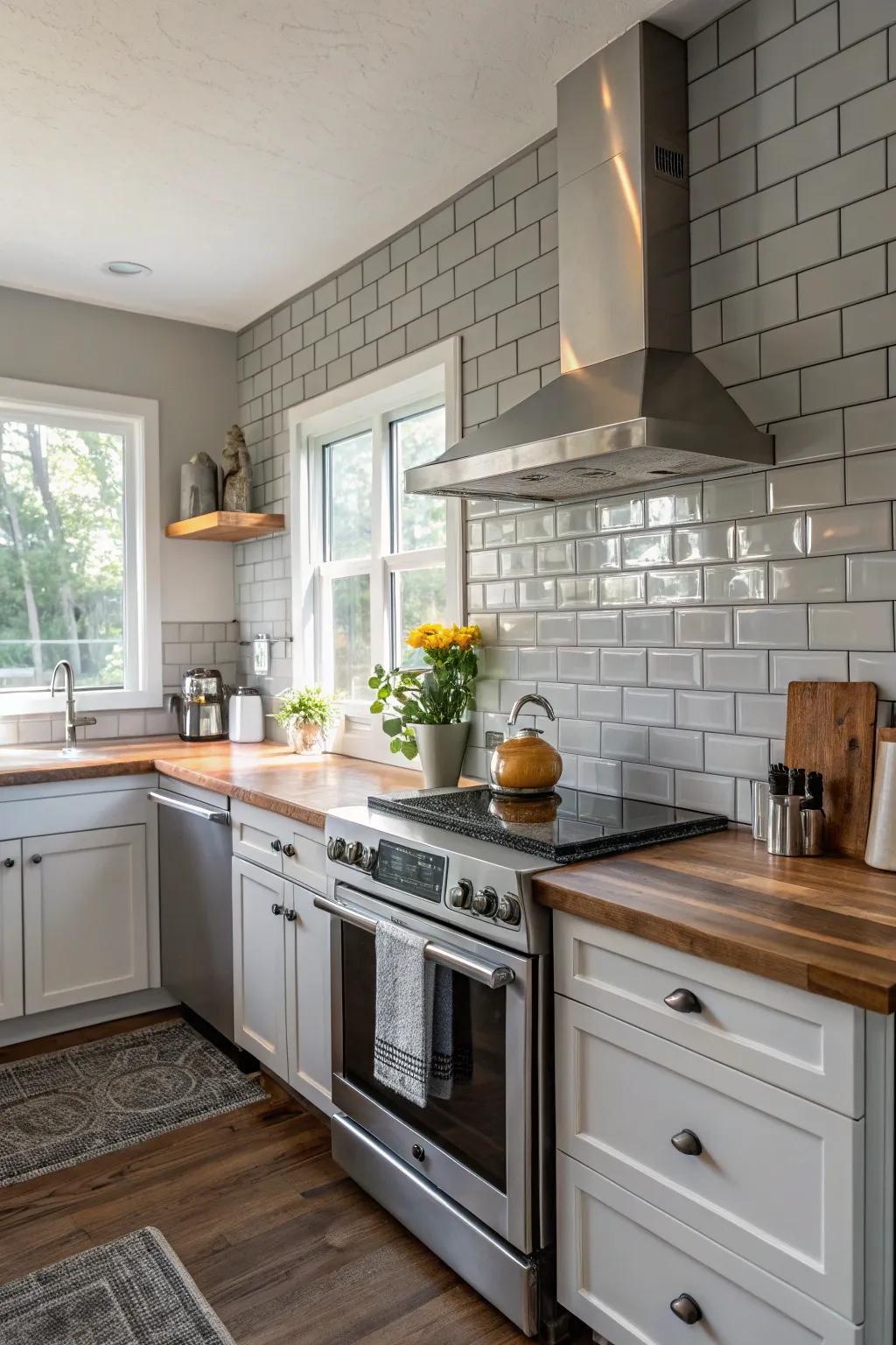 Refined shadow block tile backsplash adding tactile interest
