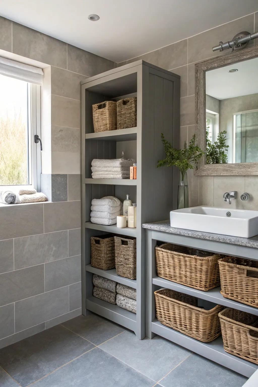 Practical storage solutions maintain the grey bathroom's neat and chic appearance.