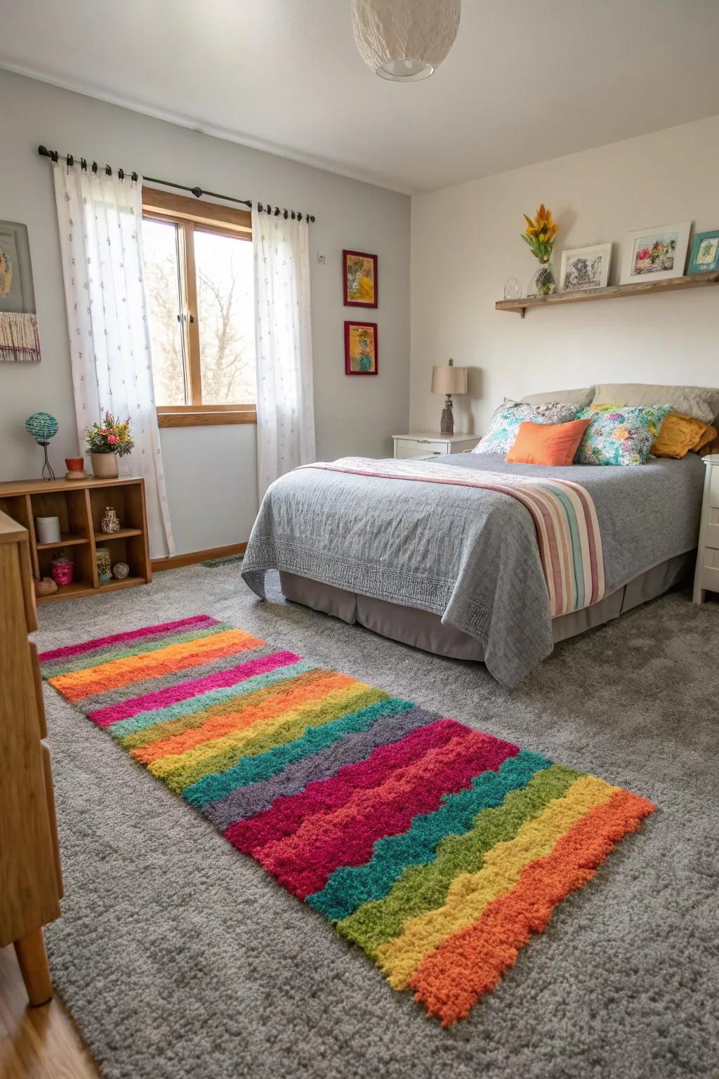 A bright rug creates a vibrant contrast against the grey carpeted floor in this bedroom.