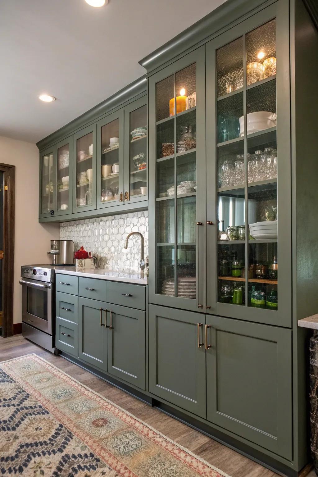 Varied materials bring an eclectic sophistication to grey-green cabinets.