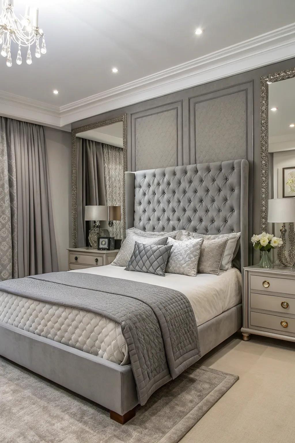 A harmonious bedroom design featuring a symmetrical layout around a slate-toned headboard.