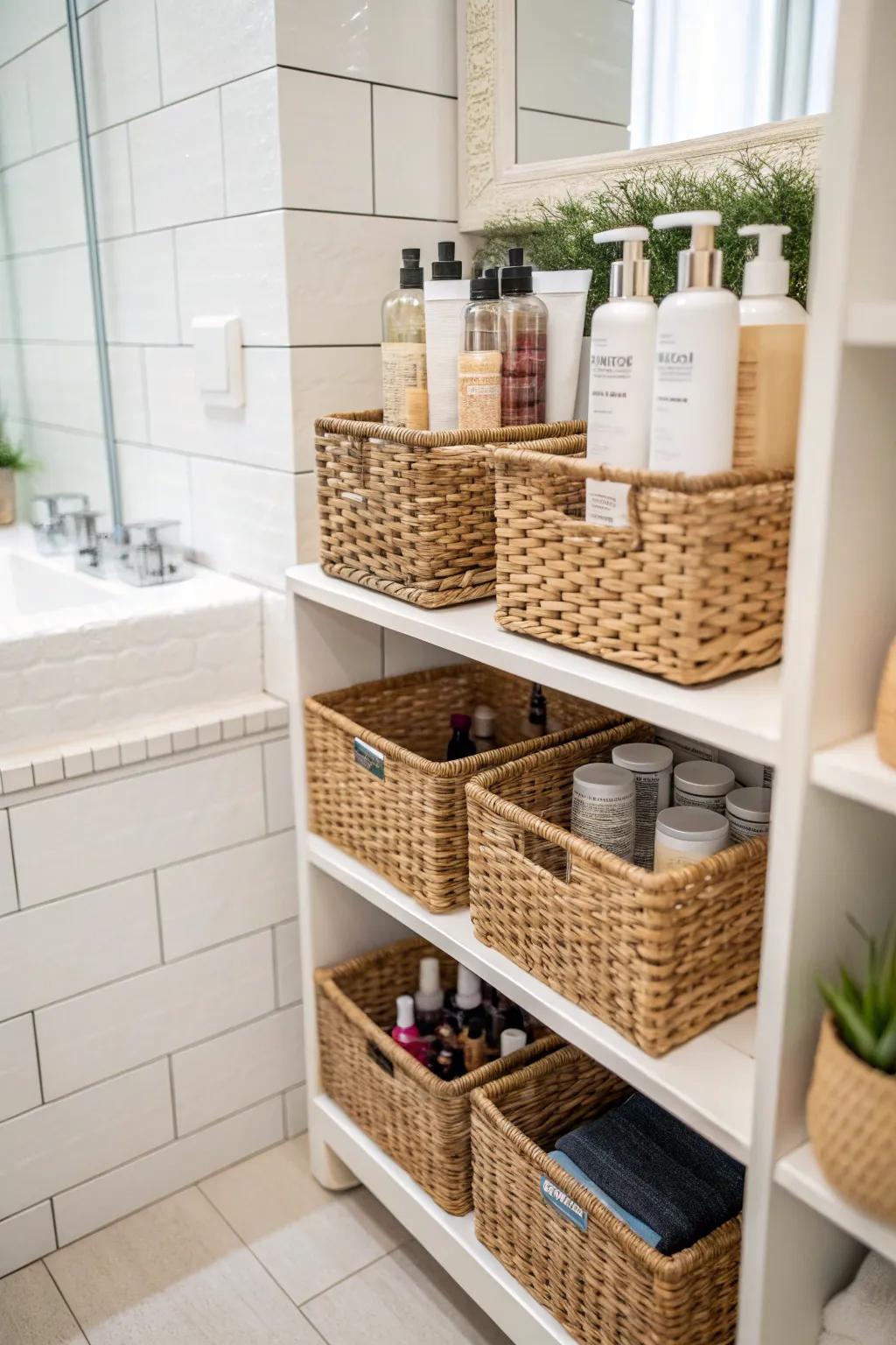 Stylish baskets offer a cozy and organized space for hair products.