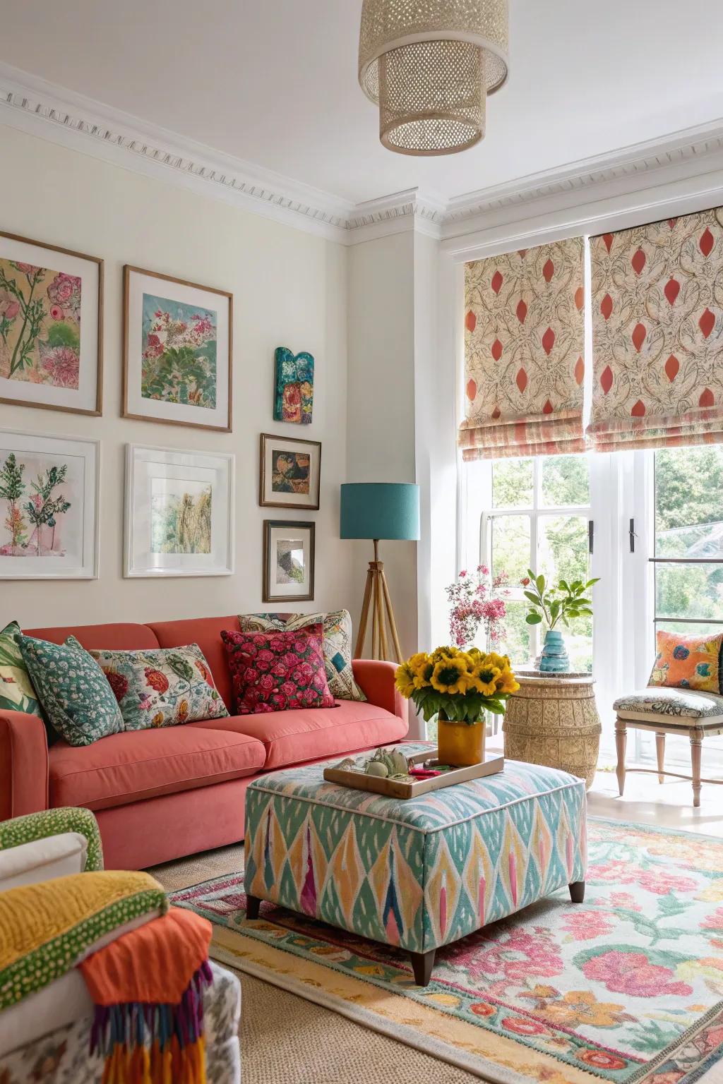 Vibrant living space featuring bespoke printed window fashions.