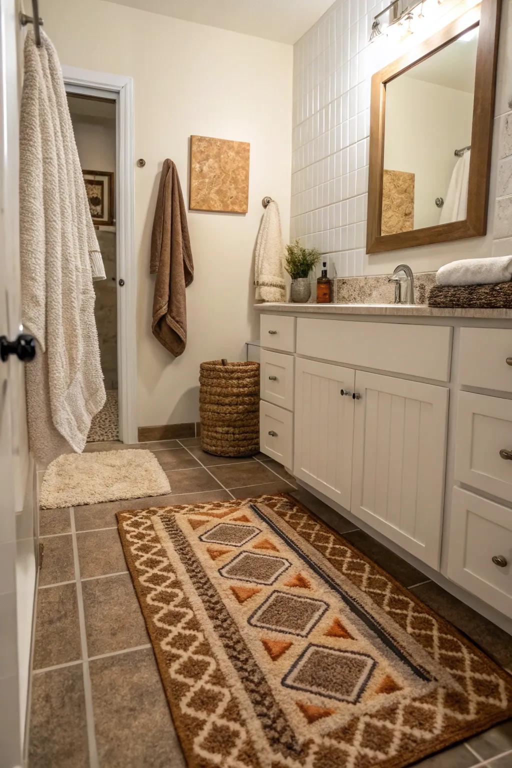 Textured highlights bring a sense of warmth and contrast to a guest bathroom.