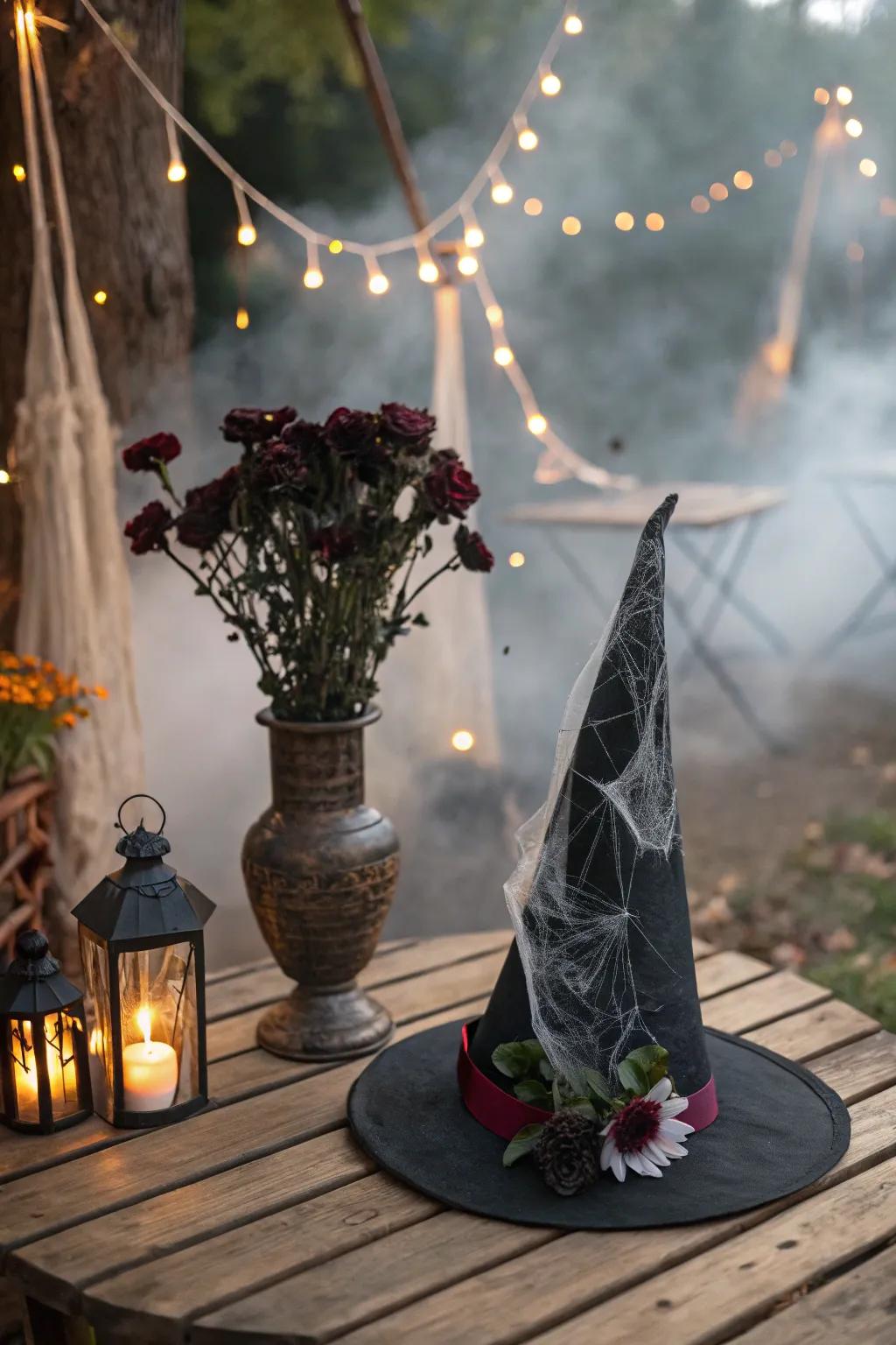 A sorceress hat floral arrangement introduces a whimsical yet chilling facet to Halloween décor.