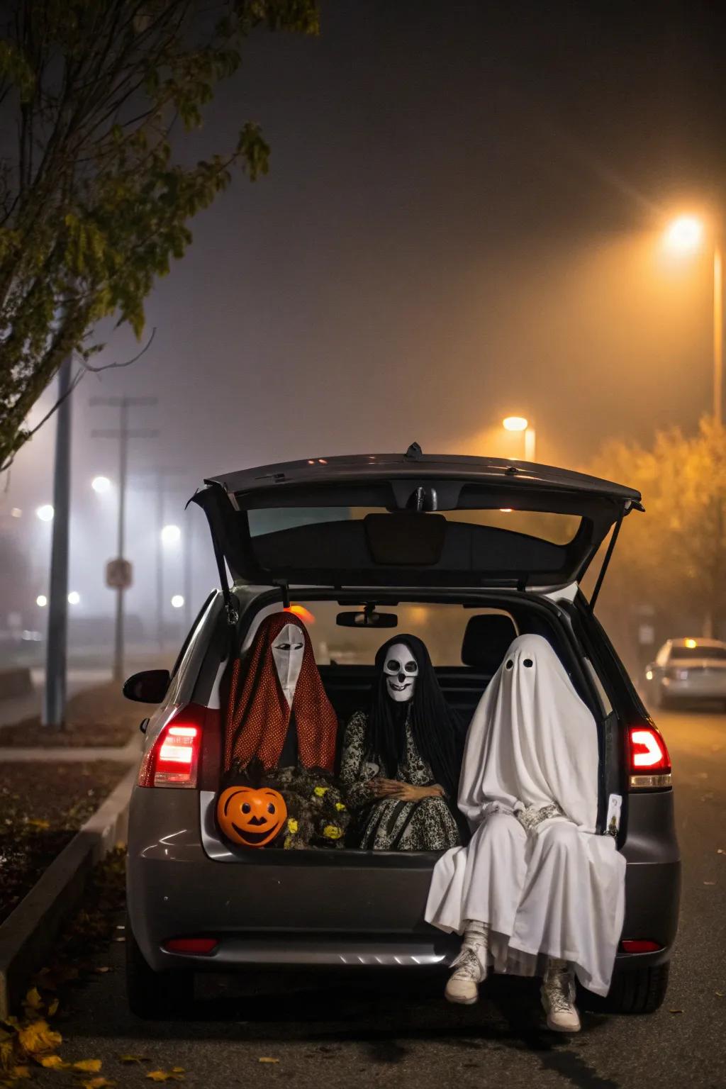 Costumed figures infuse an animated Halloween spirit into your car.