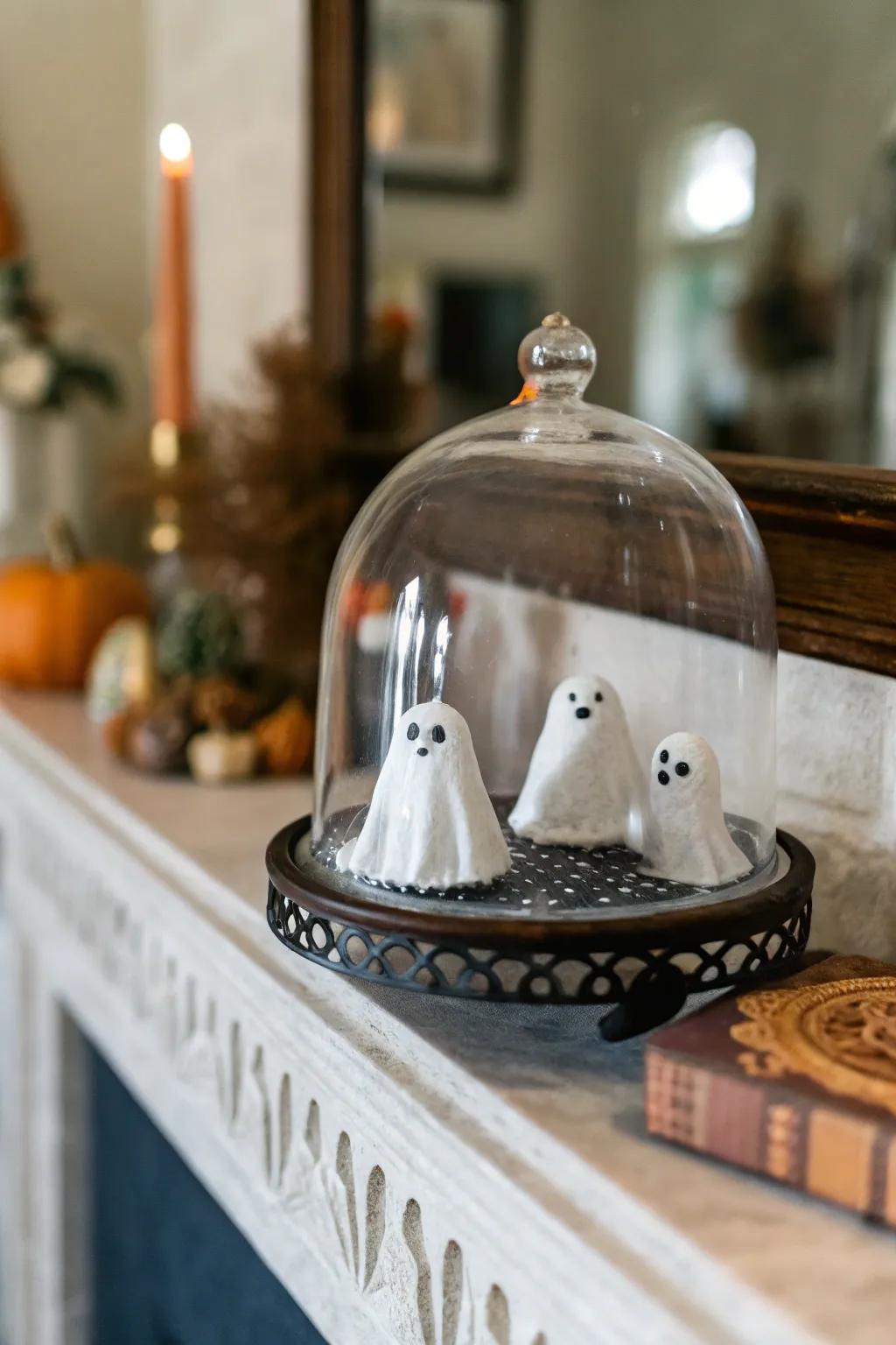 Phantom figures nestled inside a display dome contribute a playful eeriness.