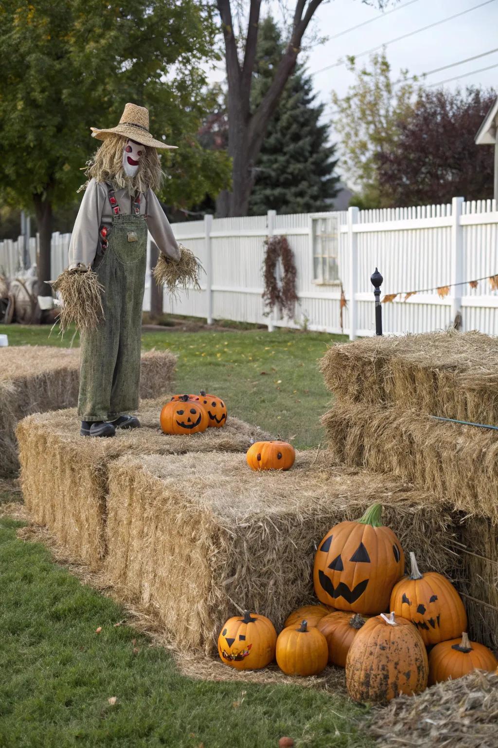A delightful fusion of autumn and Halloween elements in the front yard.