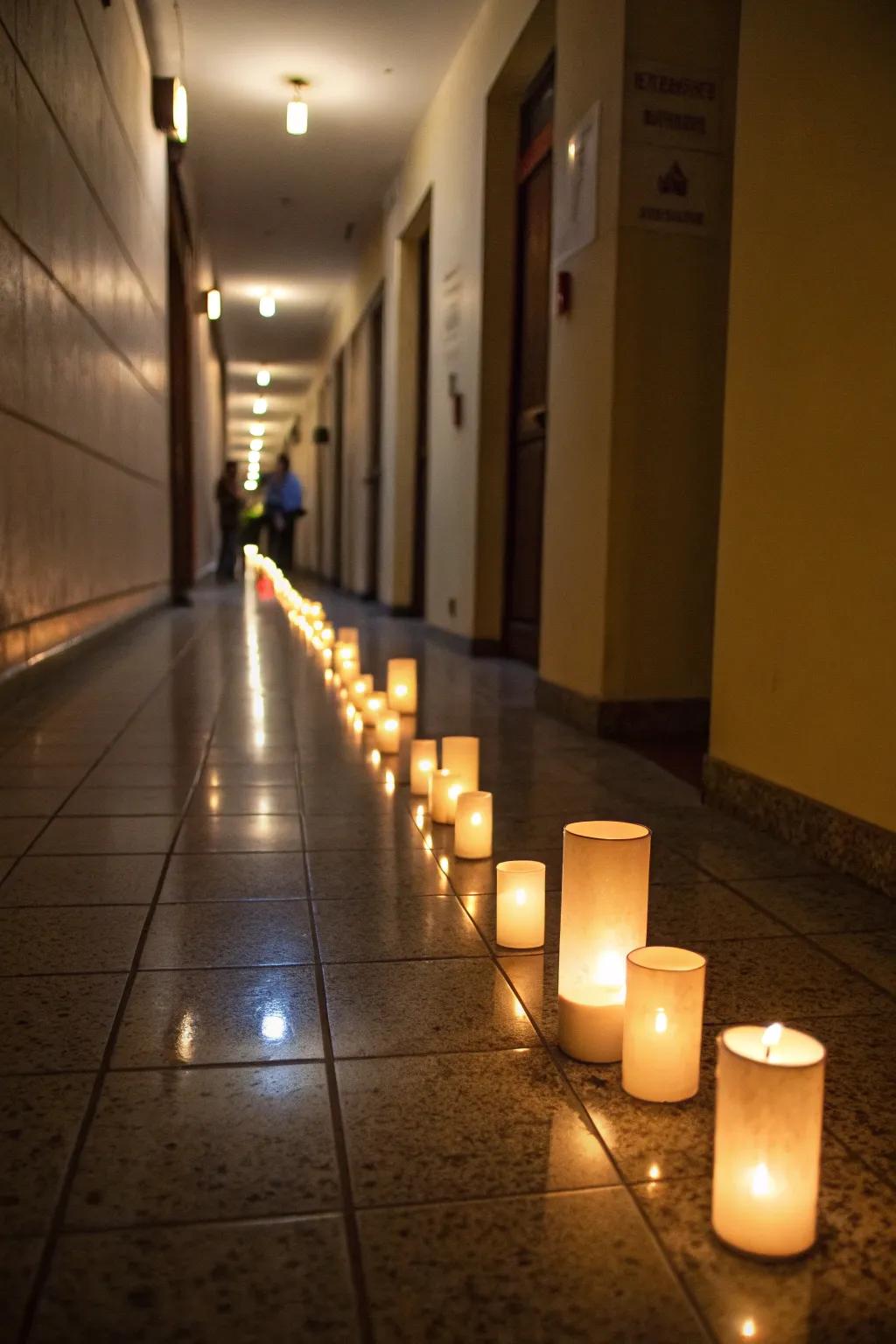 Flickering lights forge a haunted walkway.