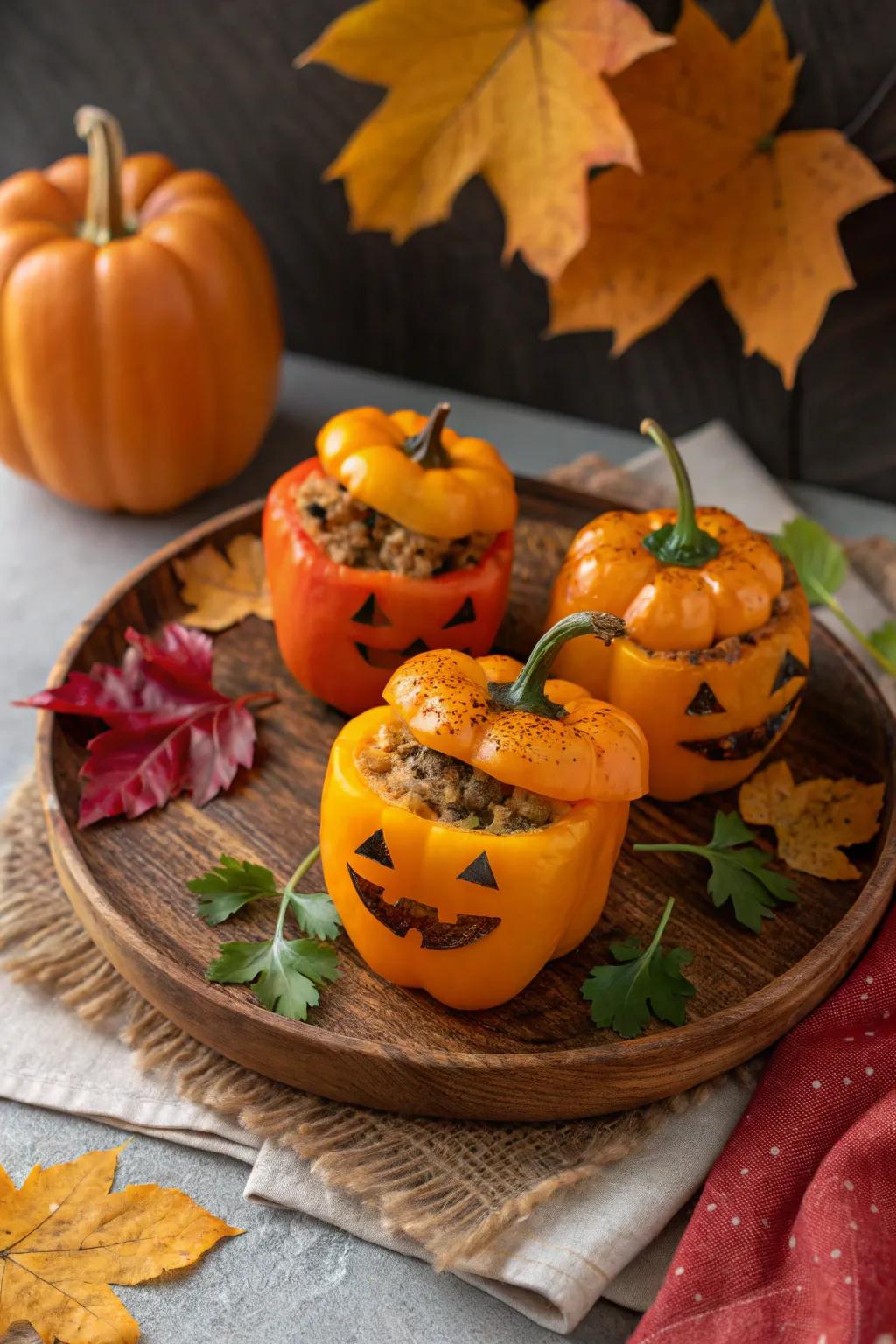 Festive grinning gourd filled peppers, ready for serving.