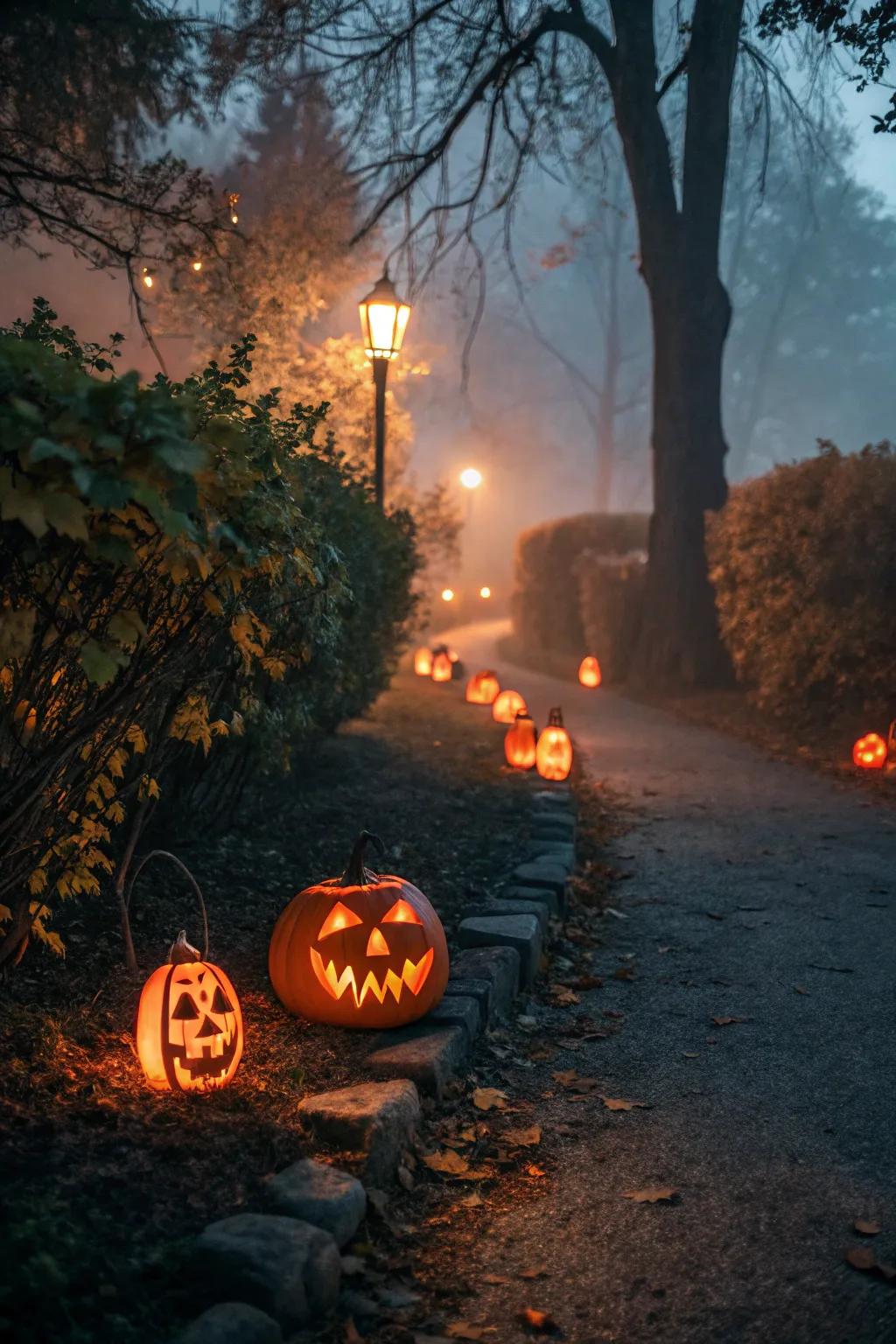 Pumpkin lights lighting the path with their spooky glow.