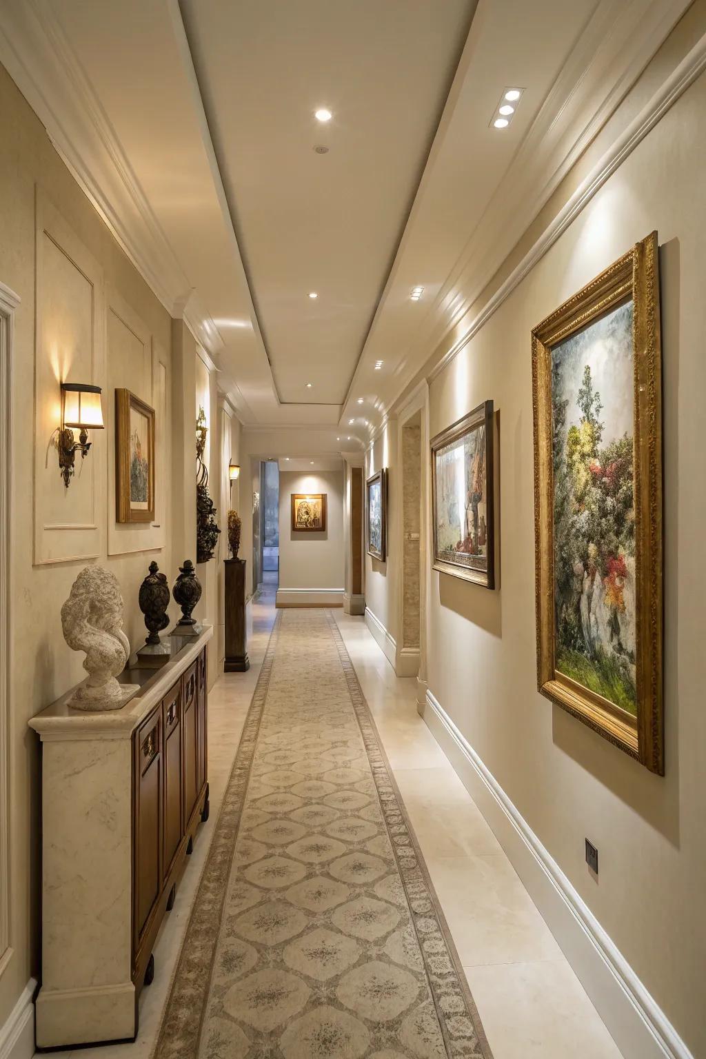 Coordinated colors create a unified and welcoming hallway atmosphere.
