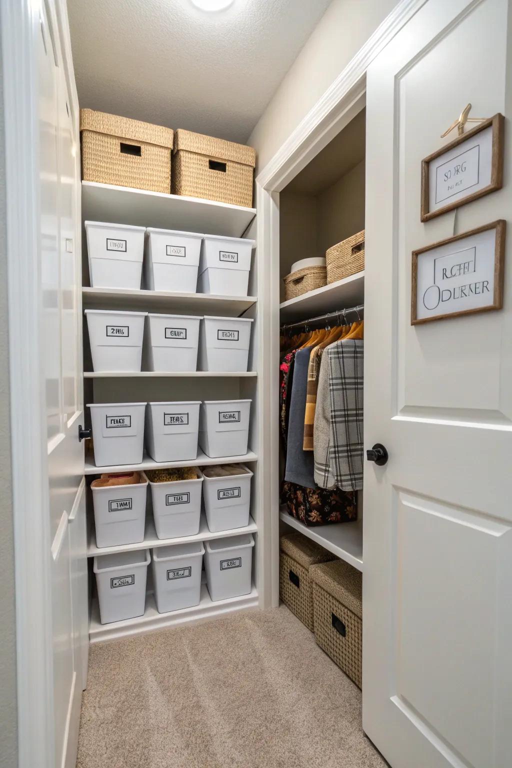 Labeled bins and boxes in a hallway closet, promoting easy organization.