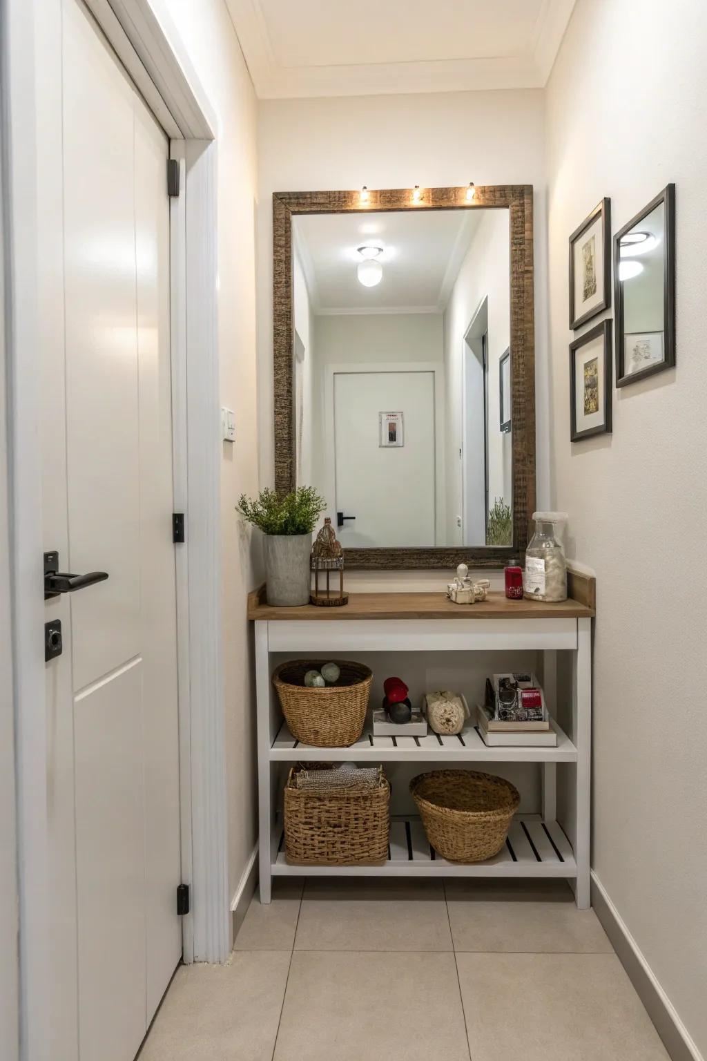 A combination of a wall-mounted shelf and a mirror promotes a neat, stylish entrance hall.