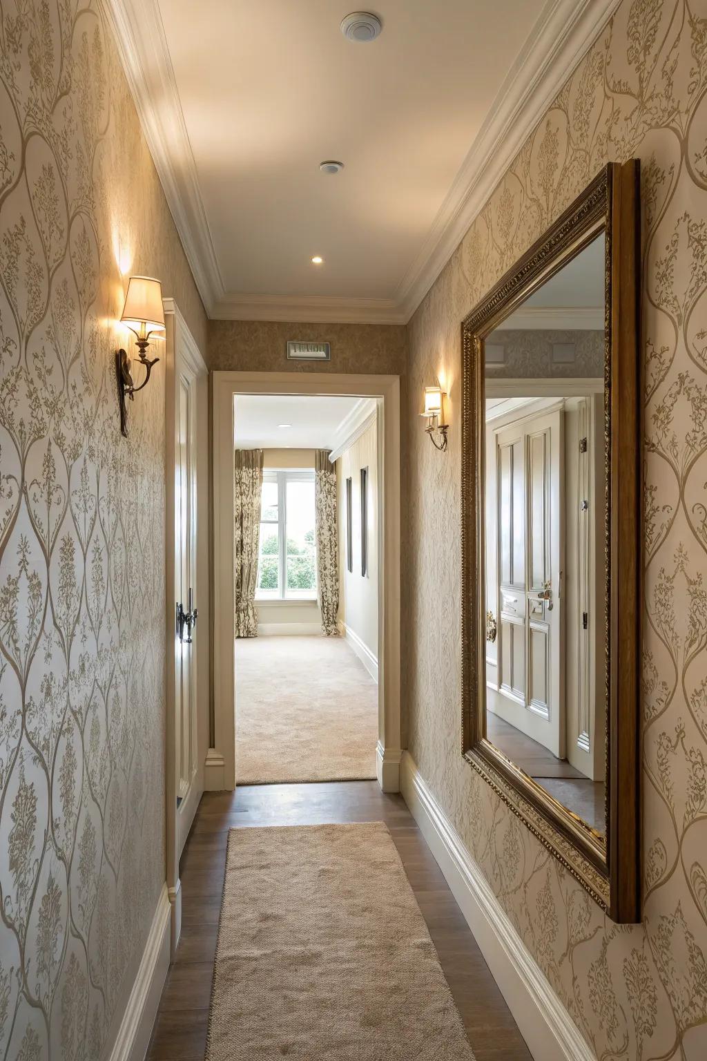 A serene hallway showcasing comforting inconspicuous surface decor.