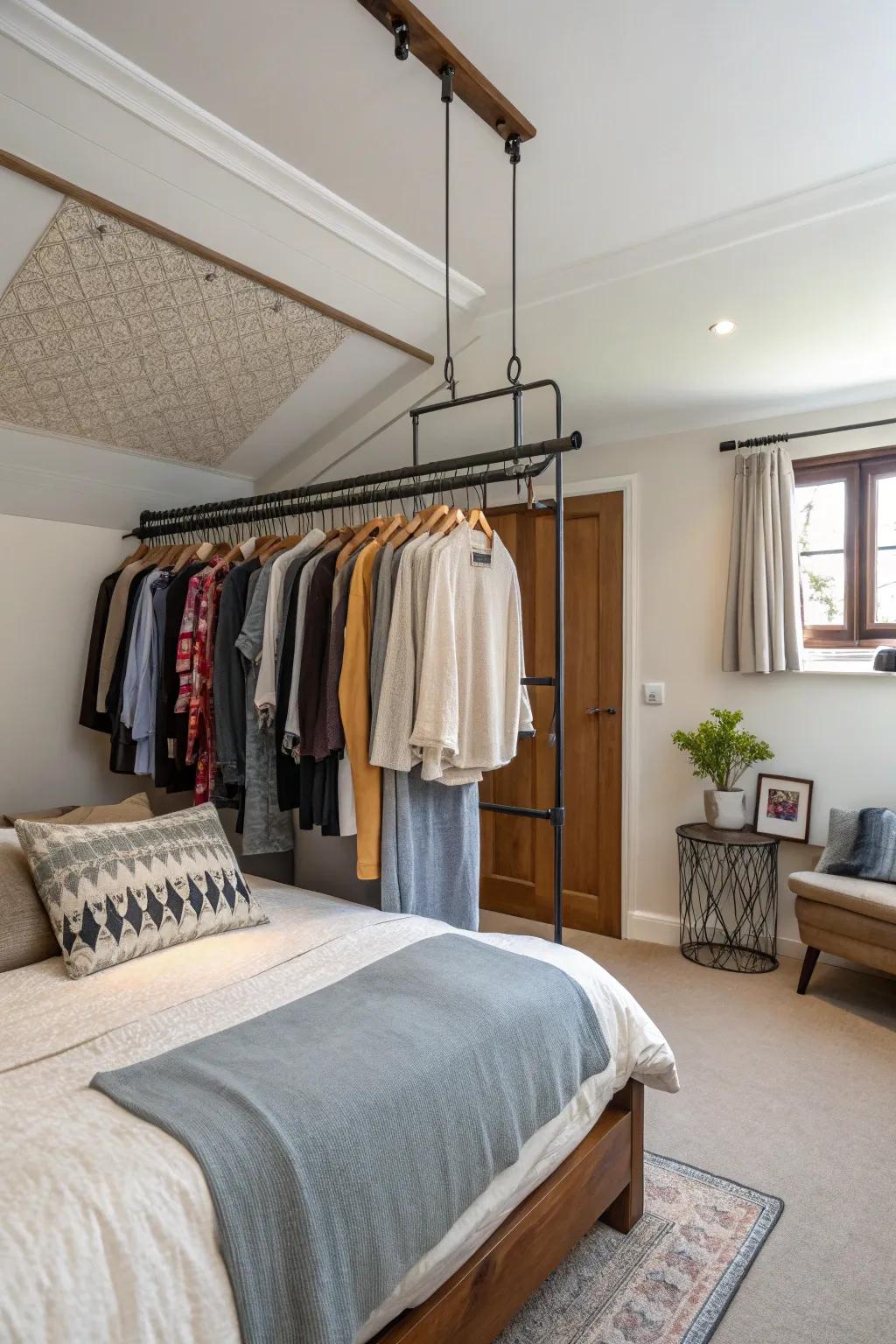 Enhance your wardrobe through an overhead garment rack.