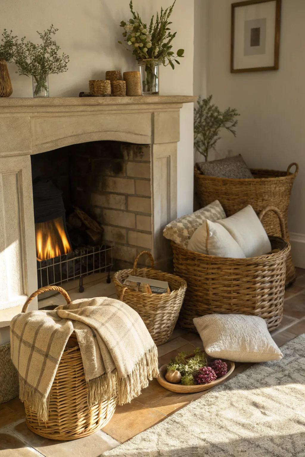 Textures and layers fashion an inviting fireplace environment.