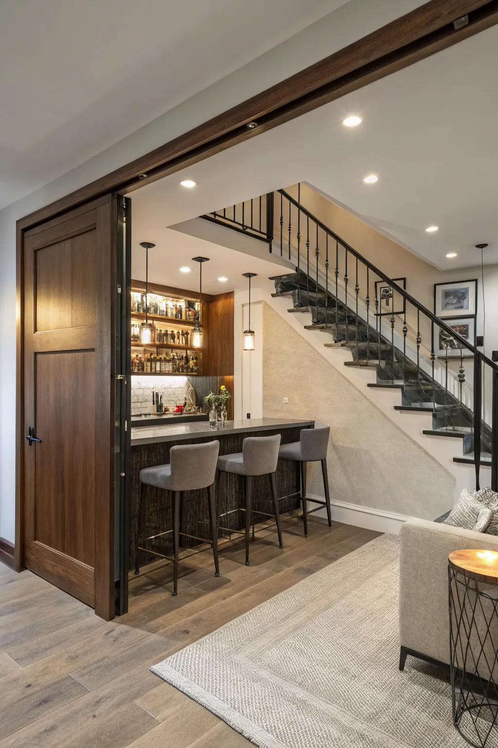 Moving dividers conceal the bar, maintaining its hidden nature.