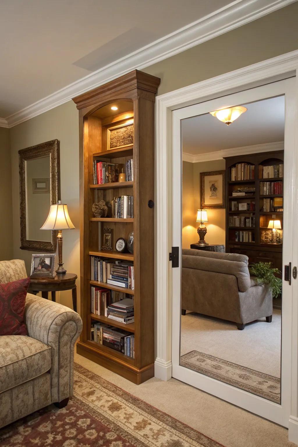 A bookshelf with a hidden mirror door cleverly hides a passage.