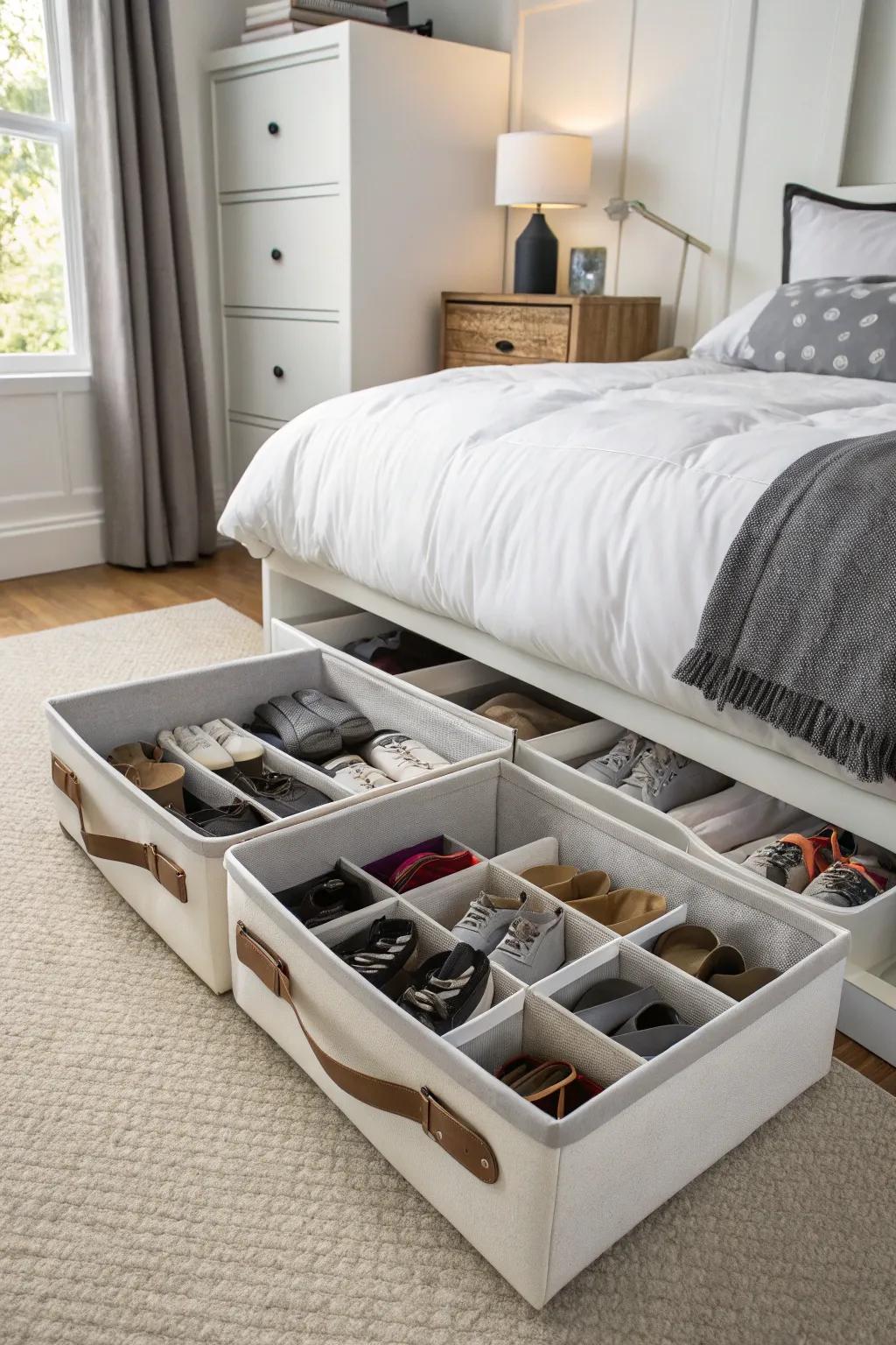 Under-the-bed storage keeps shoes organized and out of view.