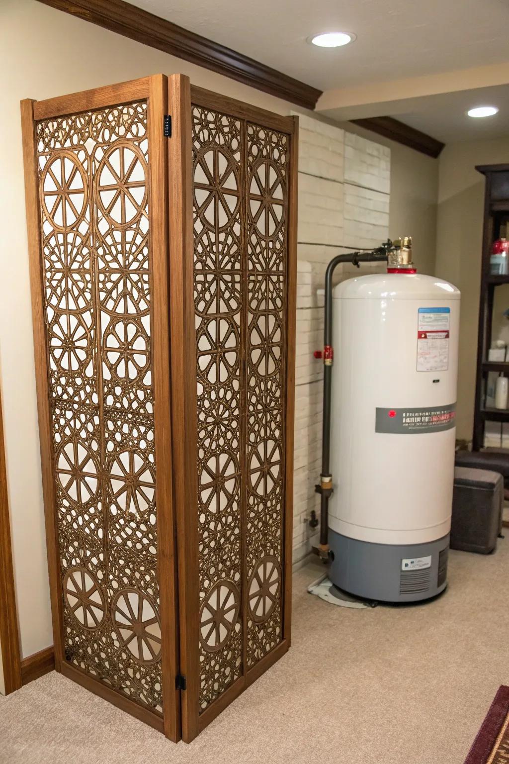 A geometric pattern screen cleverly concealing a water heater.