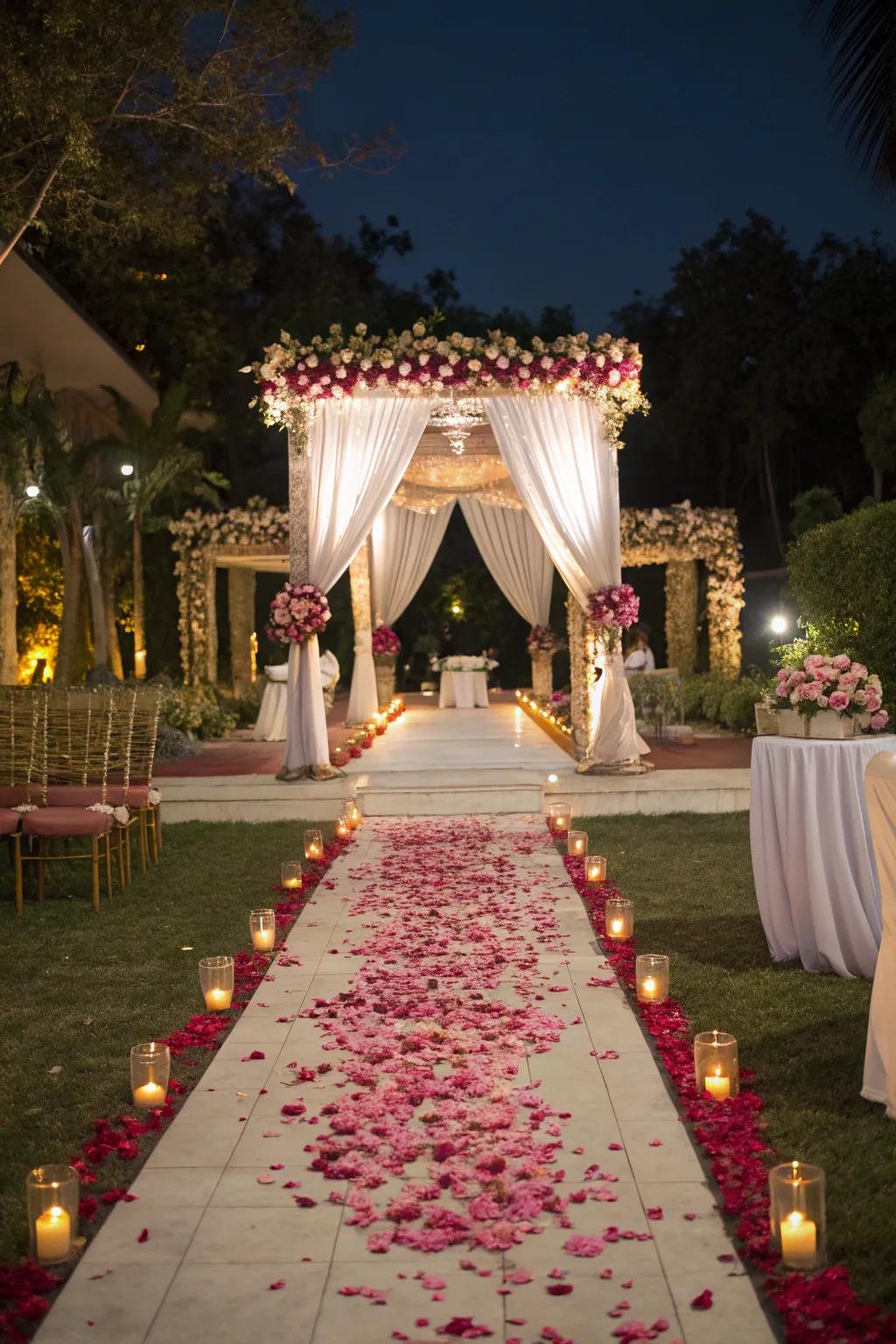 Welcoming walkways steering to the mandap with petals and coverings.