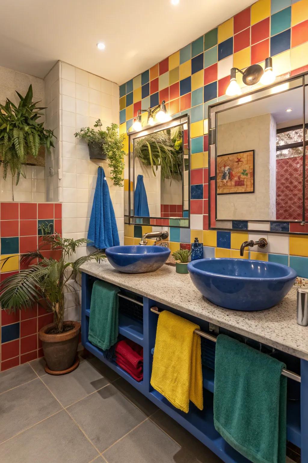 A bathroom displaying bold colors and dynamic design components.