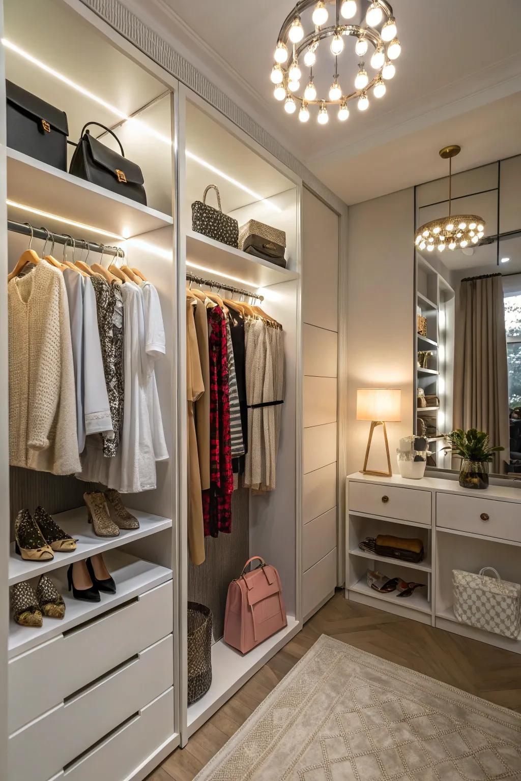 Intensify your closet's allure with strategic lighting selections.
