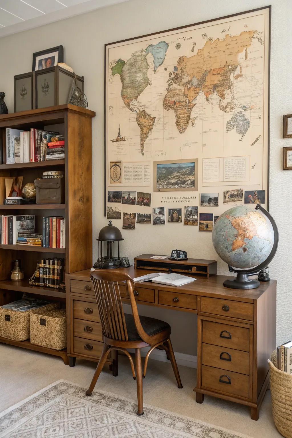 A map-themed display that combines history and exploration in a home office.