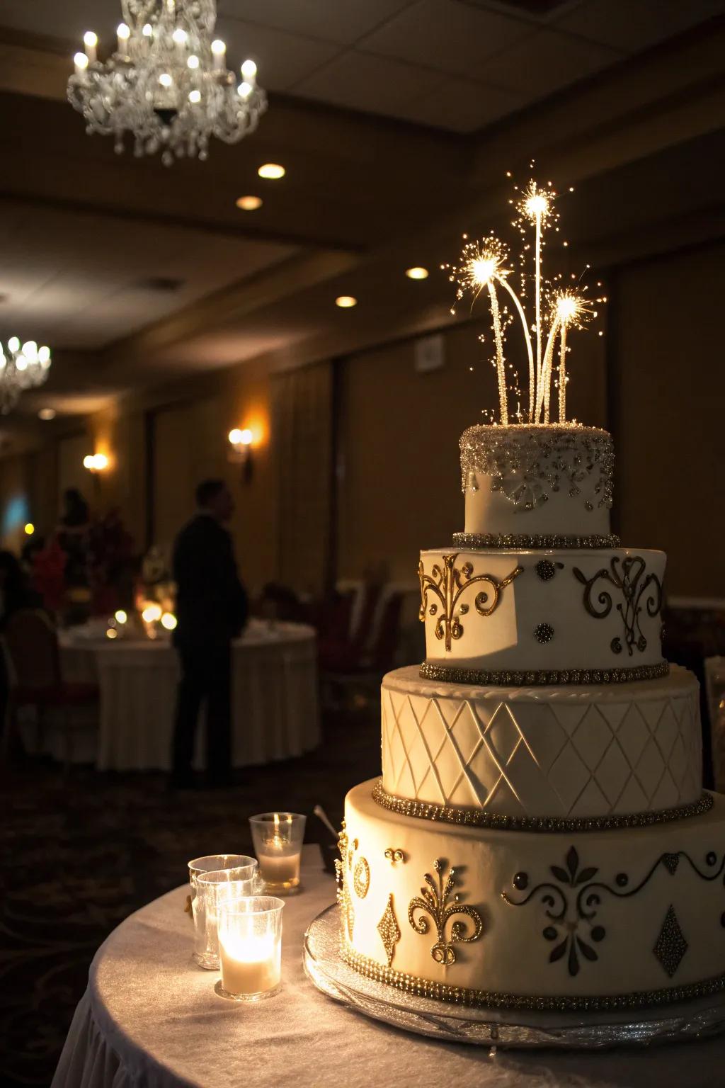 Spotlights put a dramatic glow on this Hollywood-themed cake.