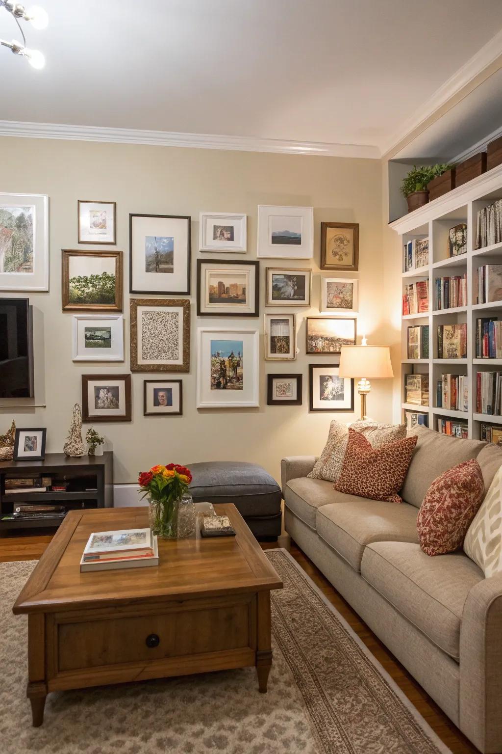 A gallery wall tells a personal narrative through a carefully selected array of art.