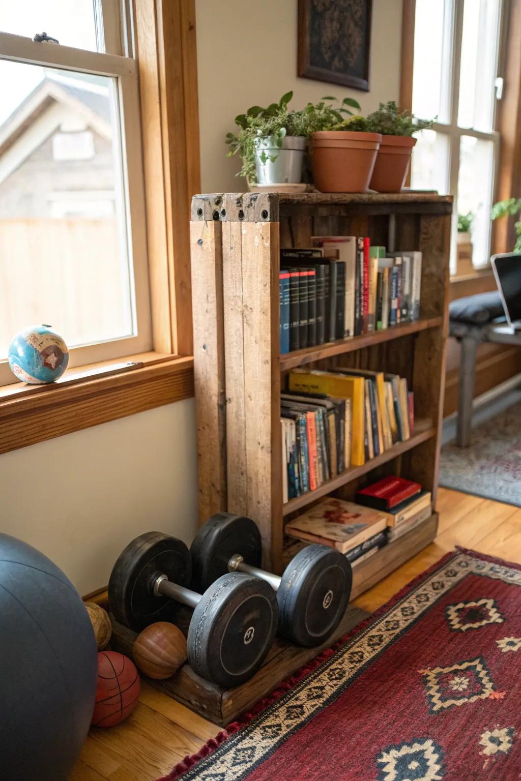 Repurposed furniture adds character and practicality to your gym.