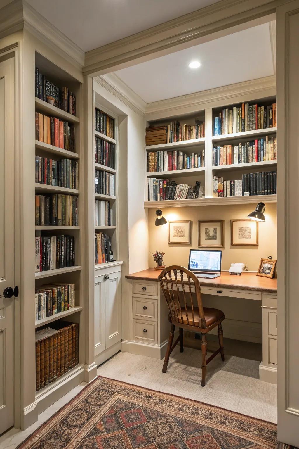 A work area merges with the library for practicality.