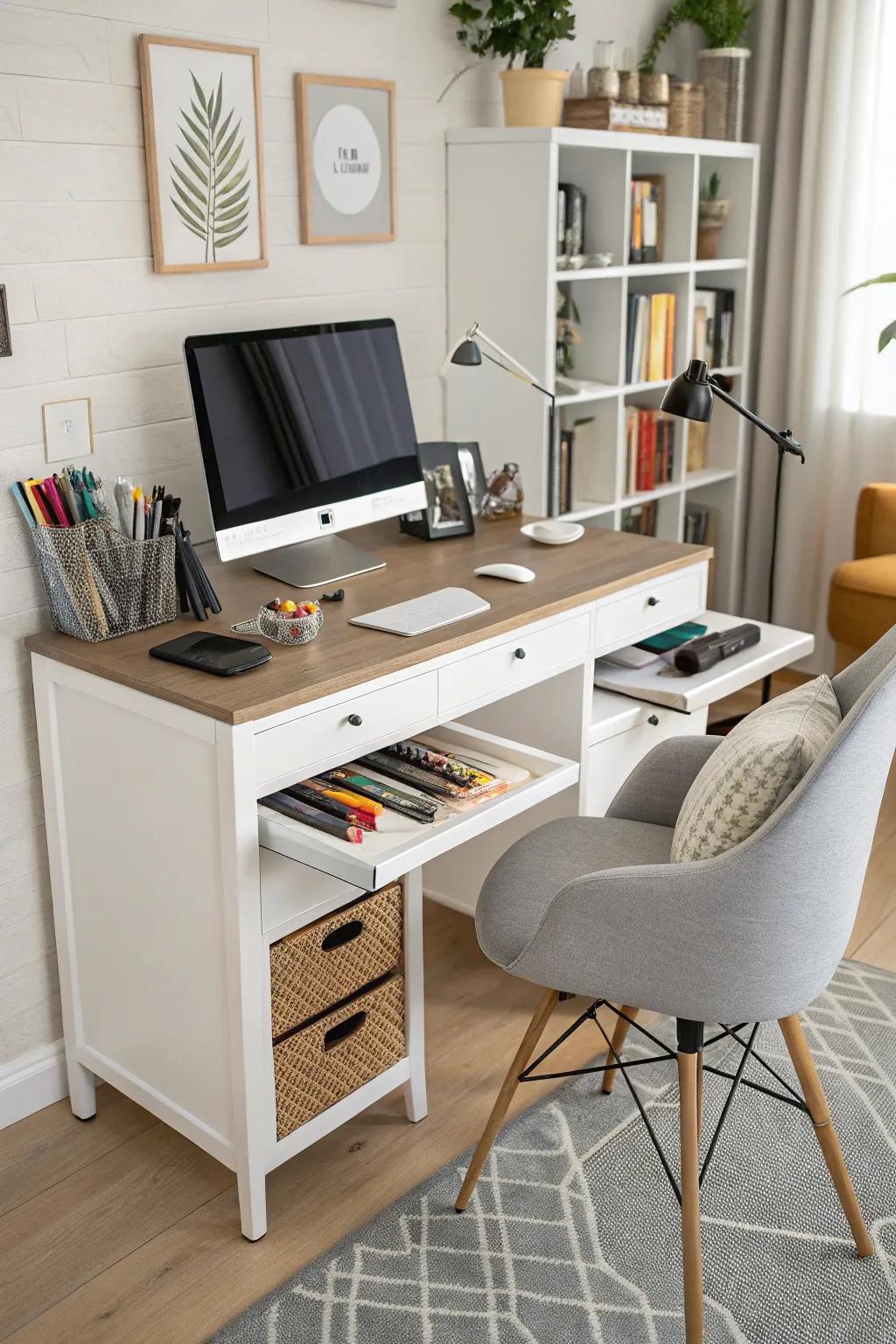 Multi-purpose desks provide integrated arrangement.