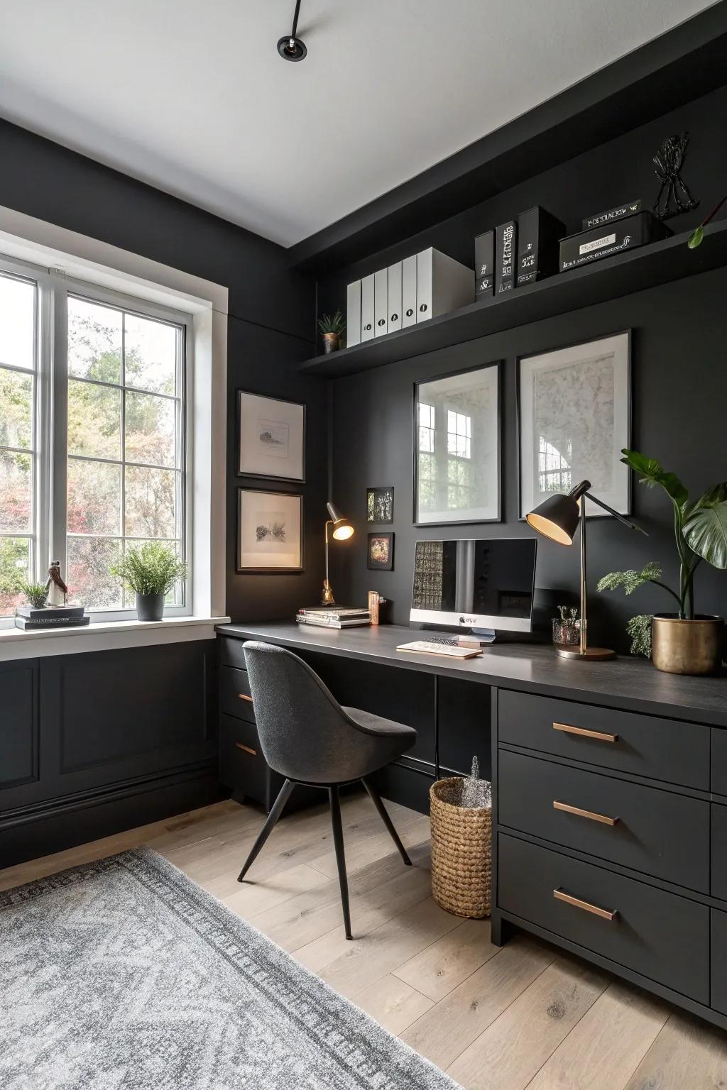 Charcoal walls deliver a luxurious and sophisticated sense to this home office.