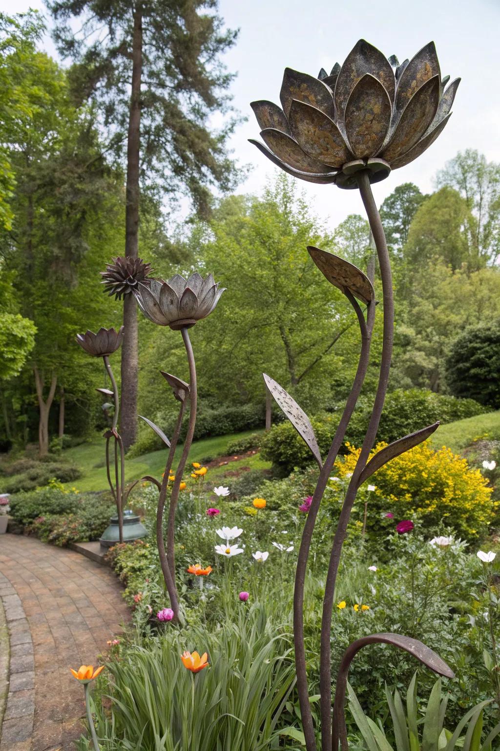 Add a modern, industrial touch with metal flower sculptures.