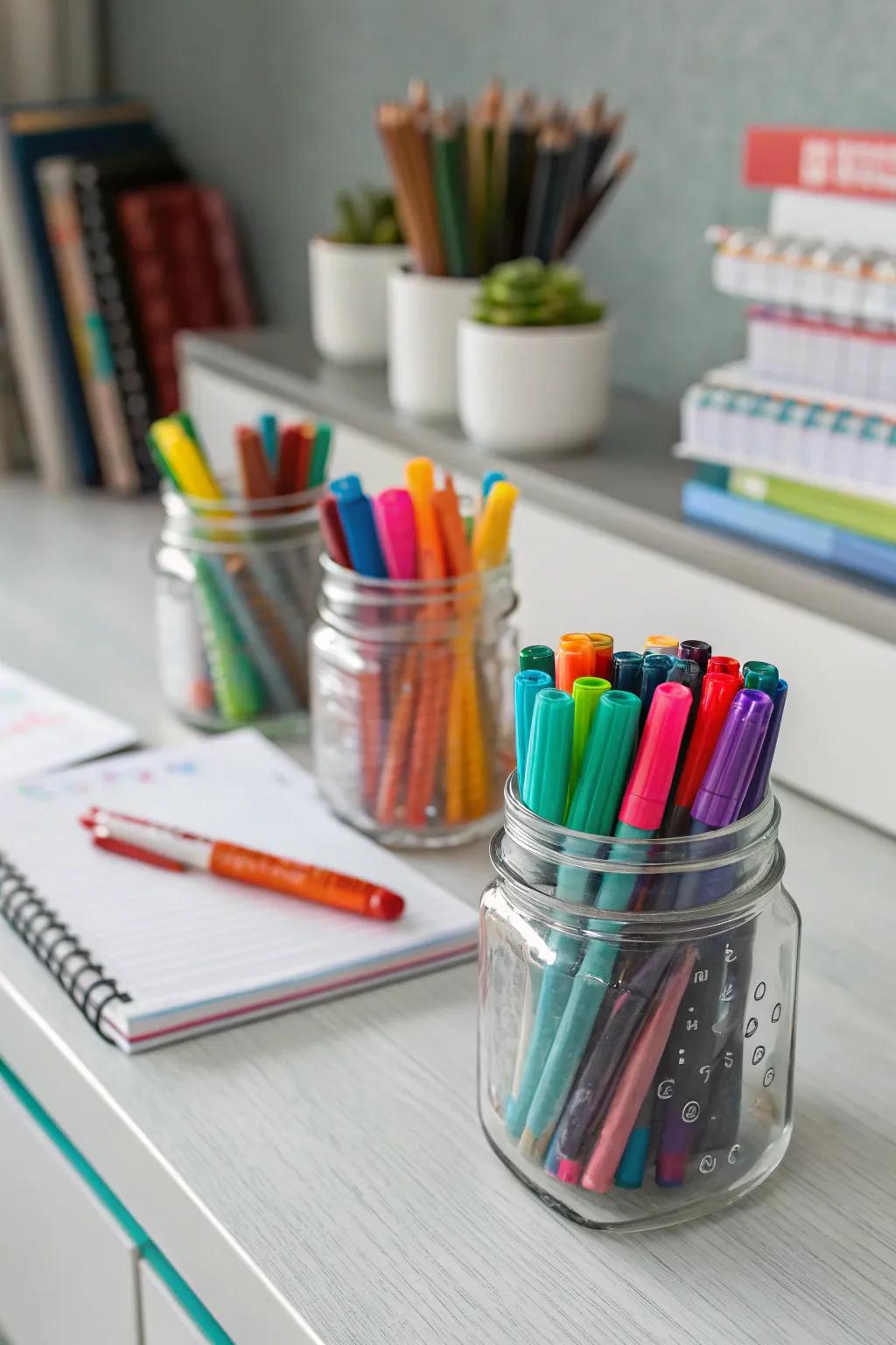 Stylish and useful storage using glass containers.