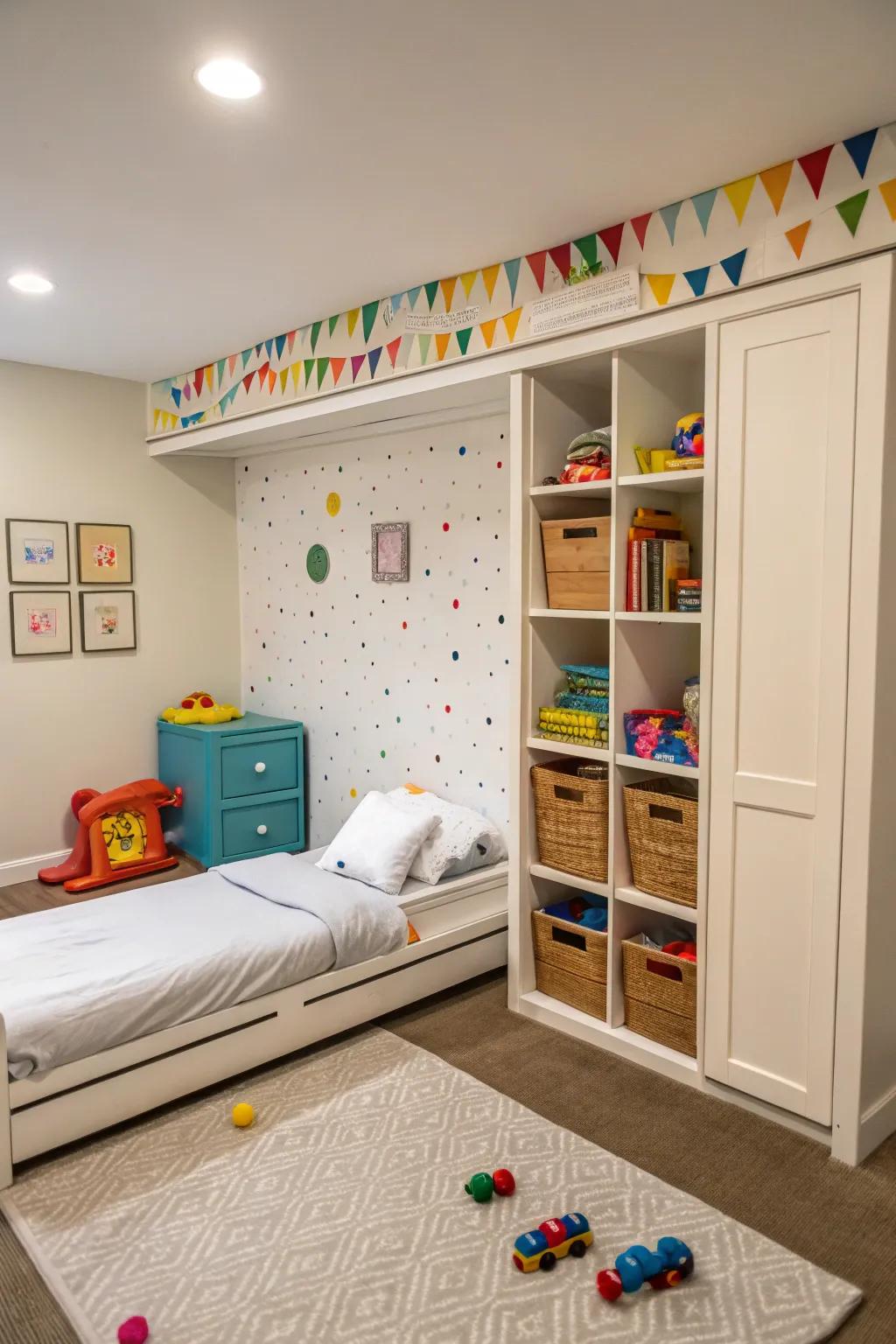 A playful child's space having a foldable hideaway bed, changing into an enjoyable play area.