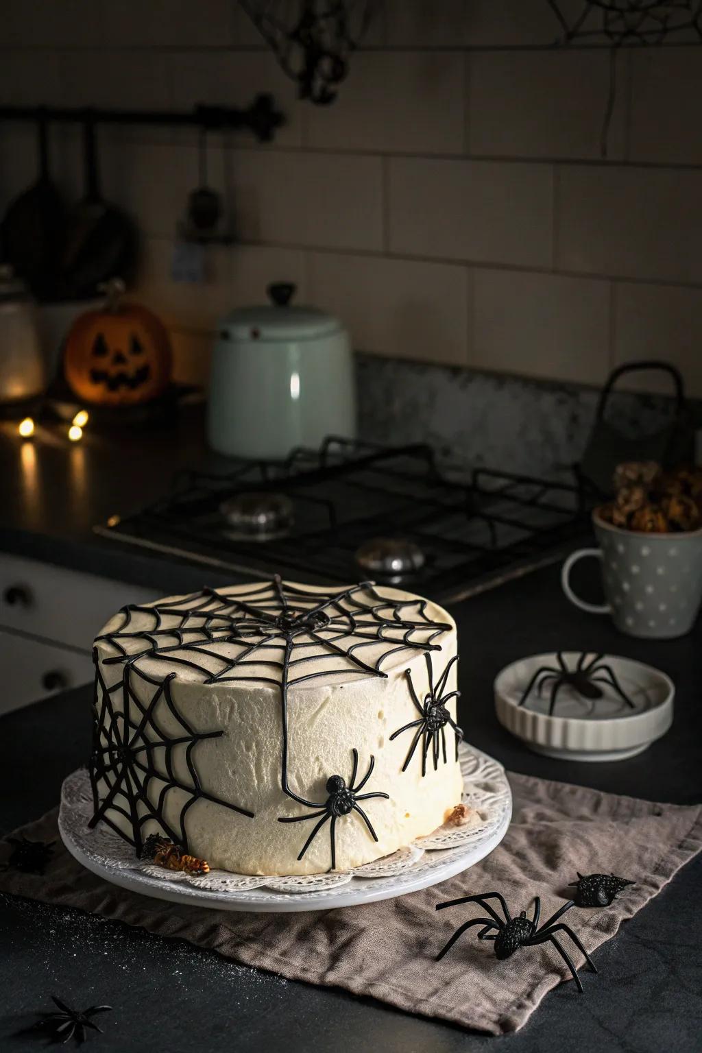 An arachnid filaments cake, a sticky delight.