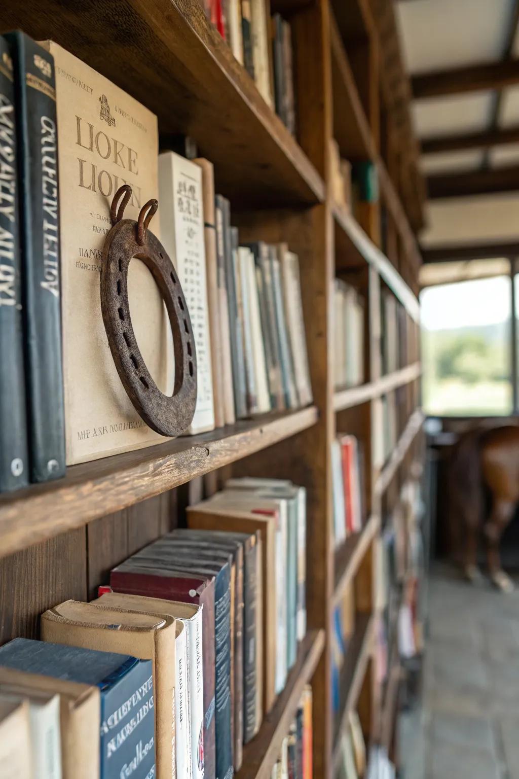 A horse collar enhancing a bookshelf with a country flair.