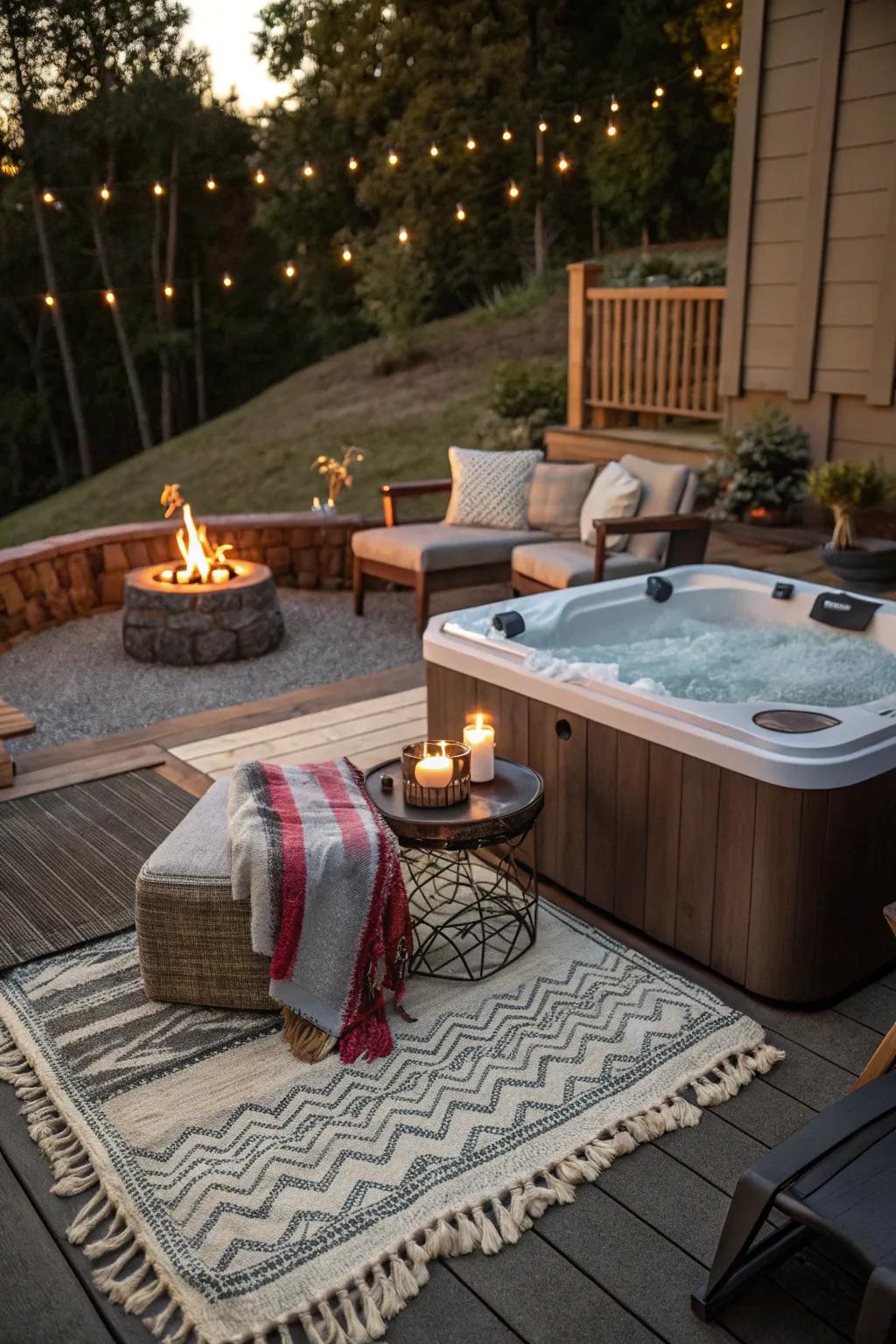 A fire pit enriches the hot tub area with warmth and charm.