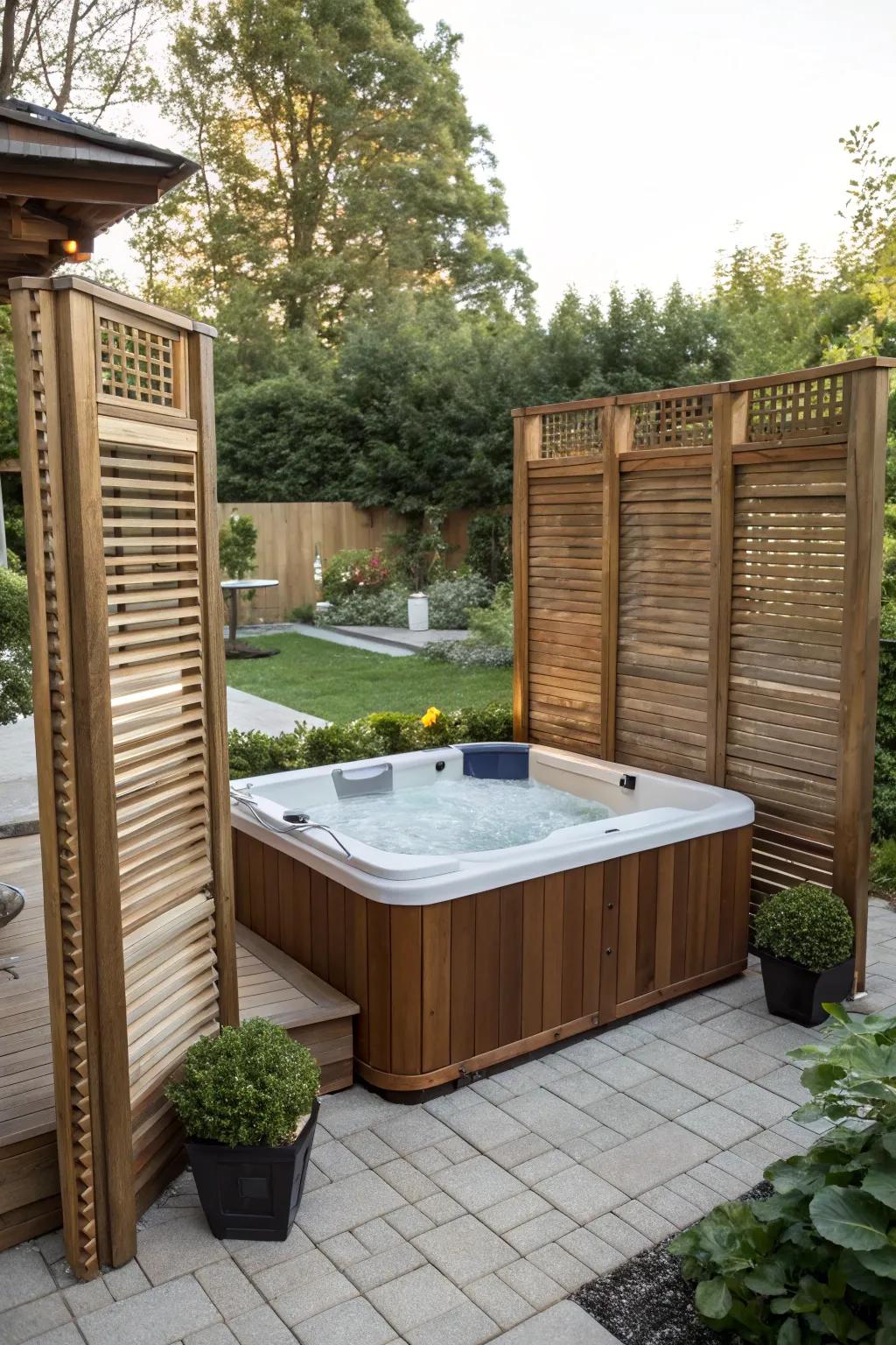 Create your private retreat using elegant privacy screens around your hot tub.