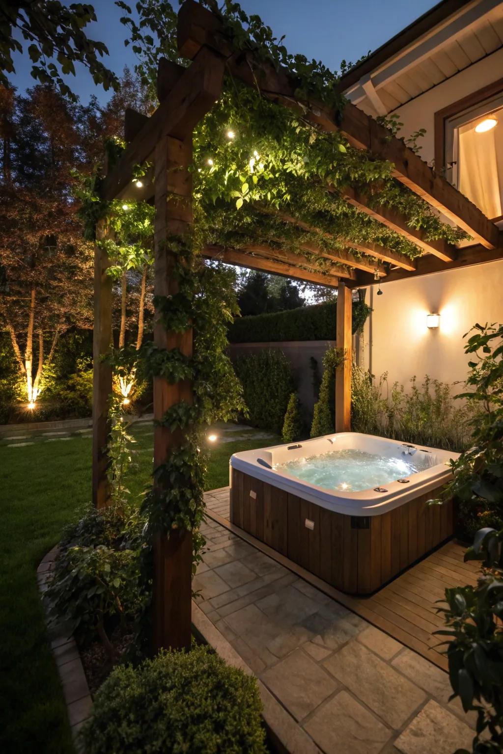 An arbor incorporates structure and charm to your hot tub zone.