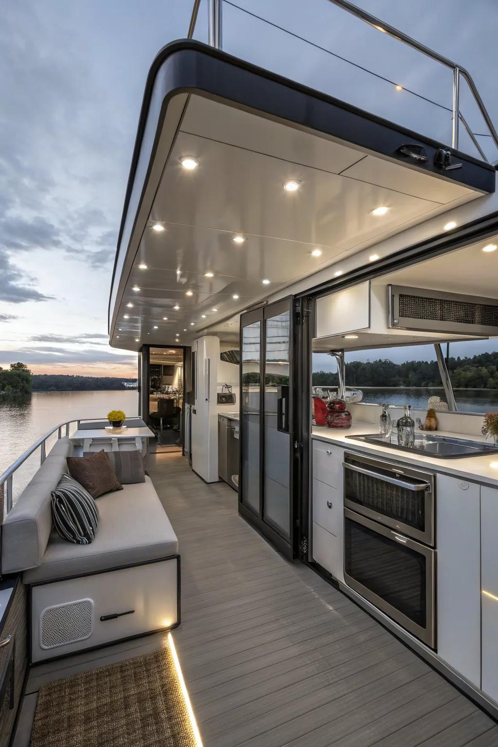 Contemporary features increase the comfort of this houseboat.