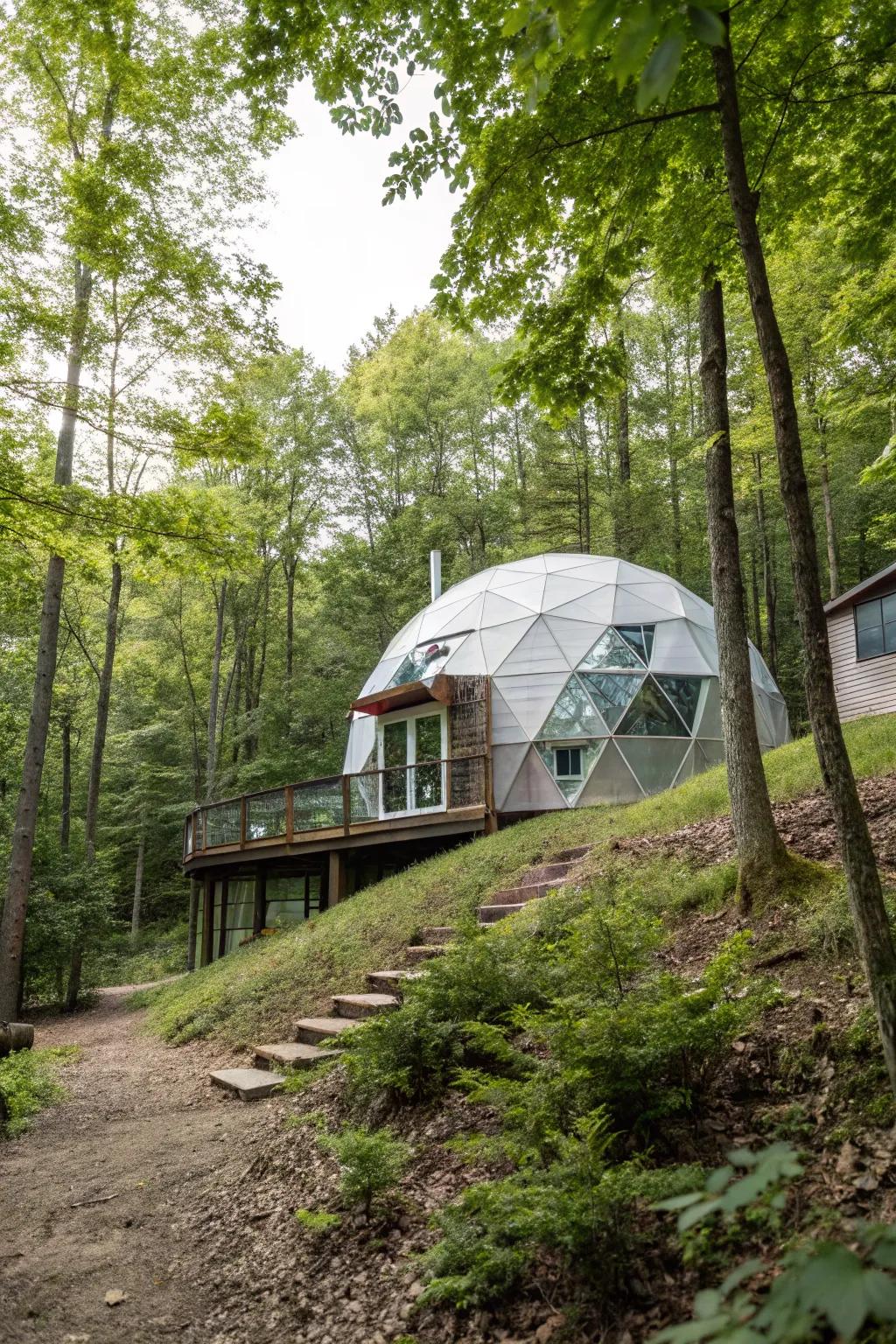 A spherical house providing a unique silhouette against the forest backdrop.