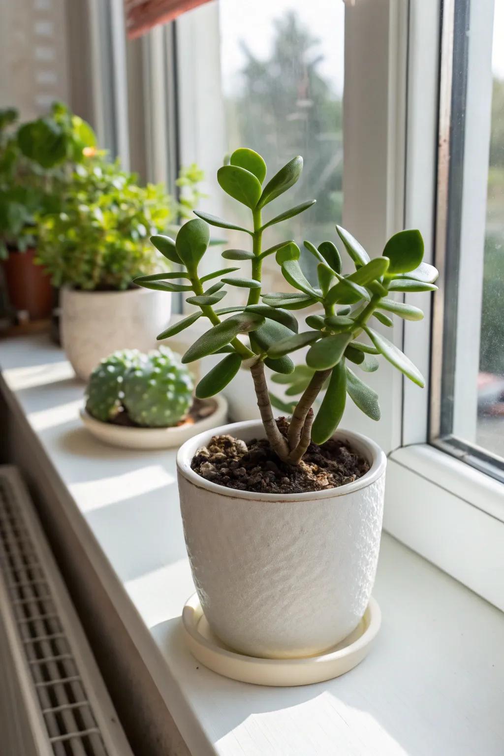 A Jade plant bathed in sunlight, representing good fortune.