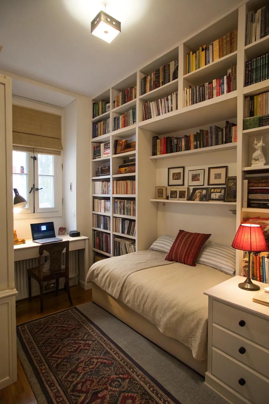Towering bookcases inside a compact bedroom deliver generous vertical storage space.